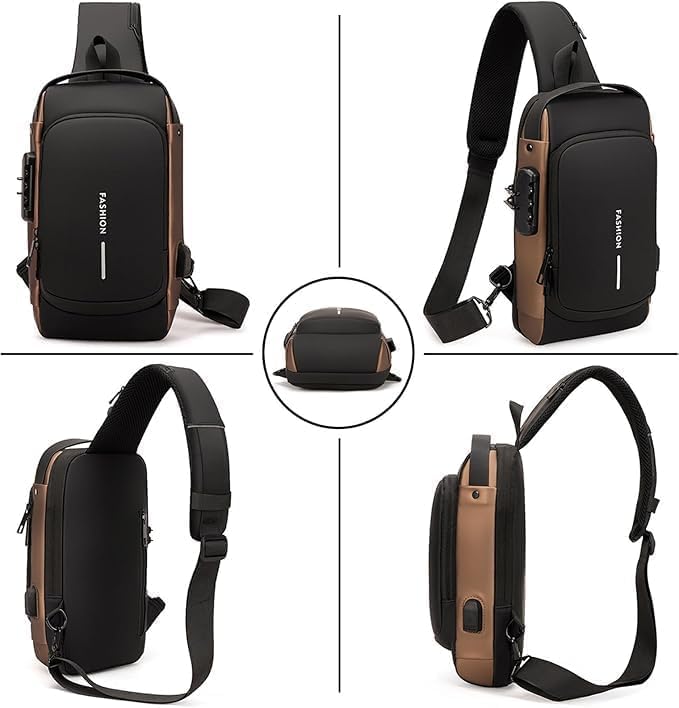 FASHION Men's Anti-Theft PU Leather Chest Bag With Password Lock & USB Charging - Waterproof Travel Sling Bag